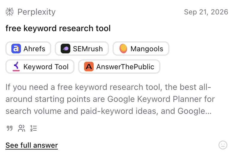 A saved answer card from Perplexity naming Ahrefs, SEMrush, Mangools and more