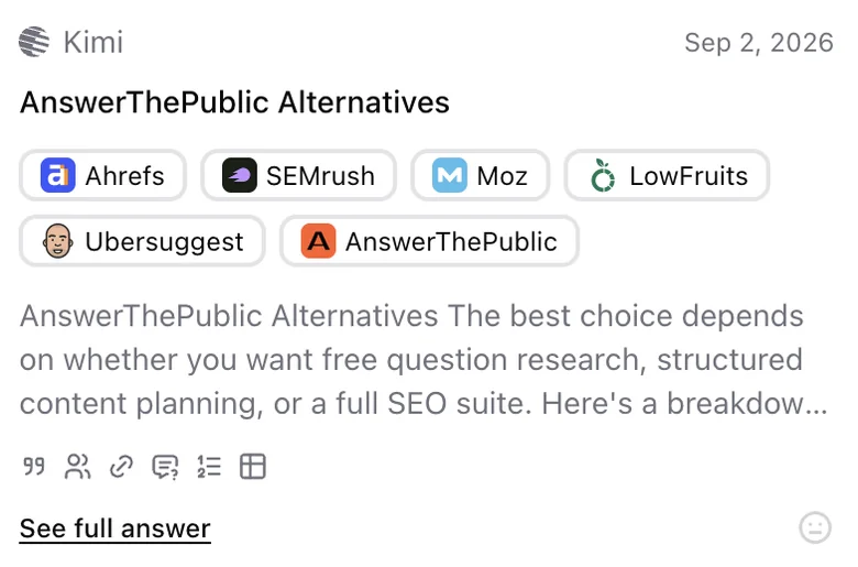 A saved answer card from Kimi naming Ahrefs, SEMrush, Moz and more