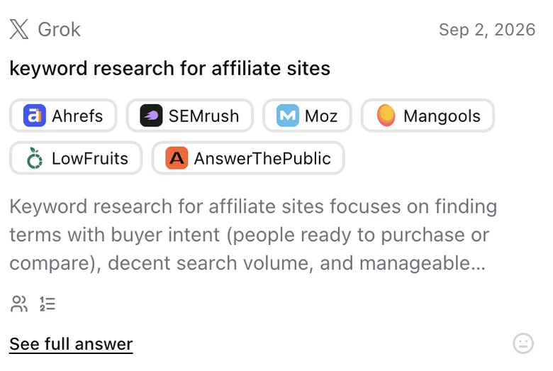 A saved answer card from Grok naming Ahrefs, SEMrush, Moz and more