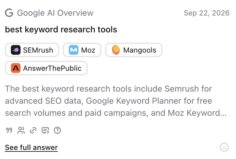 A saved answer card from Google AI Overview naming SEMrush, Moz and more