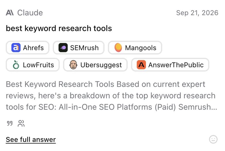 A saved answer card from Claude naming Ahrefs, SEMrush, Mangools and more
