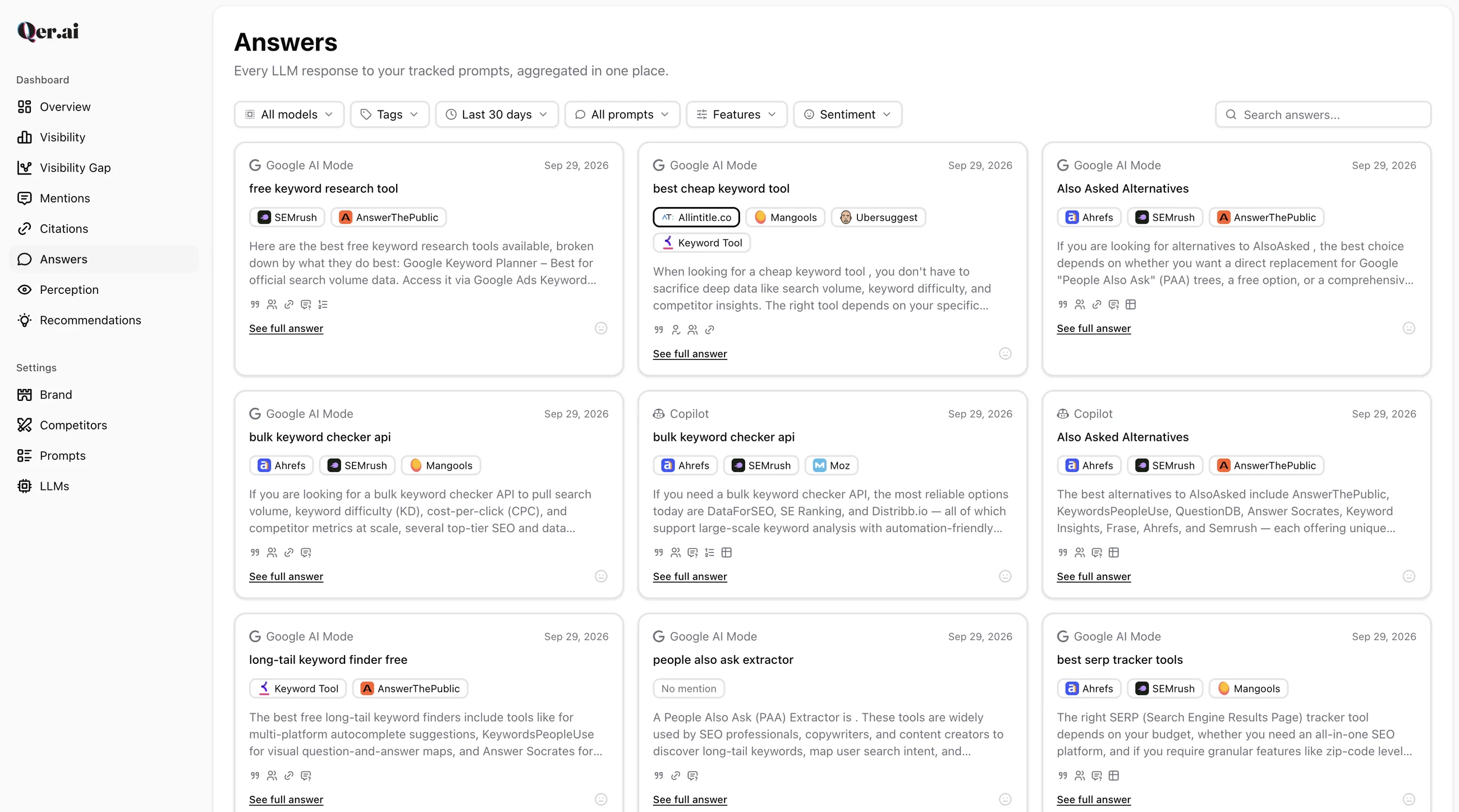 Qer.ai Answers page: every tracked prompt's AI answers gathered in one grid